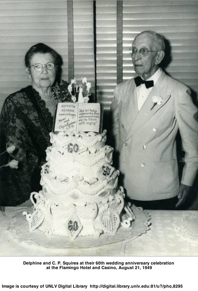 Delphine and C. P. Squires at their 60th wedding anniversary celebration at the Flamingo Hotel and Casino, August 21, 1949
